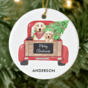 Adorno De Cerámica Cachorro Labrador Amarillo Camión Rojo de Navidad 