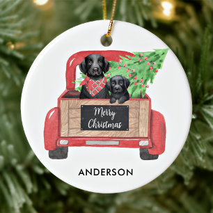 Adorno De Cerámica Cachorro Labrador Negro Camión Rojo de Navidad Vin