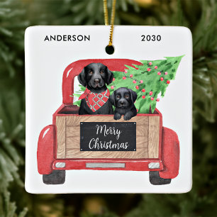 Adorno De Cerámica Cachorro Labrador Negro Camión Rojo Vintage Navida