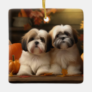Adorno De Cerámica Cachorro Lhasa Apso Otoño Delicia Calabaza 