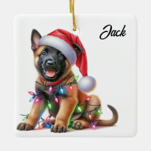 Adorno De Cerámica Cachorro Malinois Belga de Navidad Personalizado