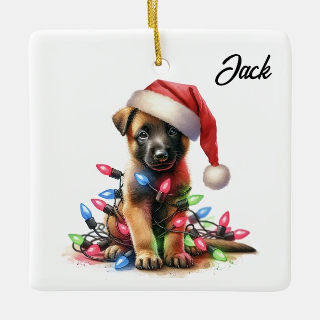 Adorno De Cerámica Cachorro Malinois Belga de Navidad Personalizado (Anverso)