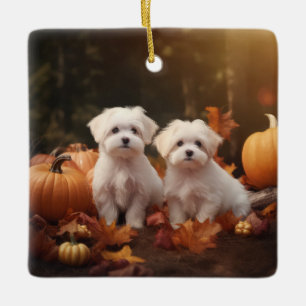 Adorno De Cerámica Cachorro Maltés Delicia de Otoño Calabaza