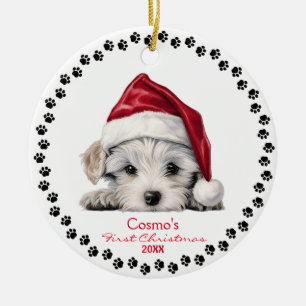 Adorno De Cerámica Cachorro maltés Perro Santa Sombrero Navidades 1