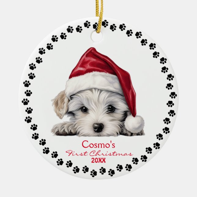 Adorno De Cerámica Cachorro maltés Perro Santa Sombrero Navidades 1 (Frente)