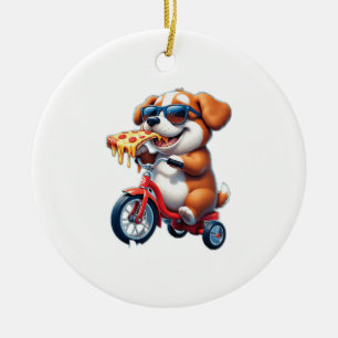 Adorno De Cerámica cachorro montando una bicicleta comiendo pizza
