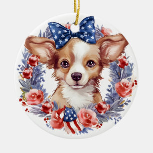 Adorno De Cerámica Cachorro Patriótico 4 de Julio Día de la Independe