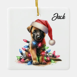 Adorno De Cerámica Cachorro personalizado de Navidad Malinois Belga
