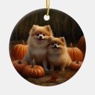 Adorno De Cerámica Cachorro Pomerania Delicia de Otoño Calabaza