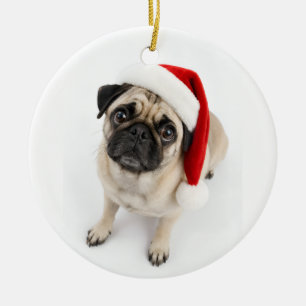 Adorno De Cerámica Cachorro Pug Ciervo Navideño Lindo Sombrero de San