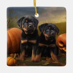 Adorno De Cerámica Cachorro Rottweiler Delicia de Otoño Calabaza