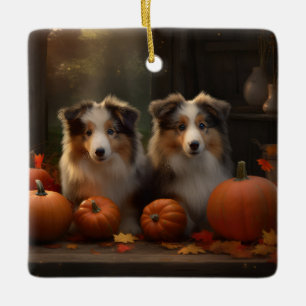Adorno De Cerámica Cachorro Rough Collie Otoño Delicia Calabaza