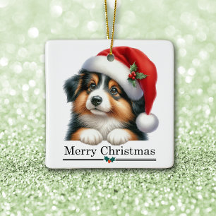 Adorno De Cerámica Cachorro Shetland Sheepdog Sombrero de Santa Feliz