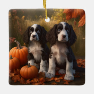 Adorno De Cerámica Cachorro Springer Spaniel Otoño Delicia Calabaza 