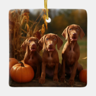 Adorno De Cerámica Cachorro Vizsla Delicia de Otoño Calabaza