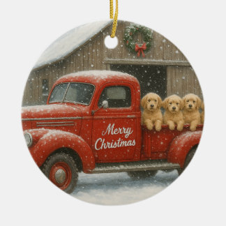 Adorno De Cerámica Cachorros de Golden Retriever de Navidad en Camion