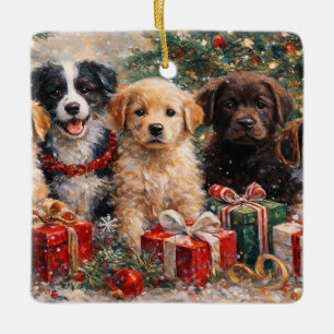 Adorno De Cerámica Cachorros de Navidad con regalos bajo el árbol dec