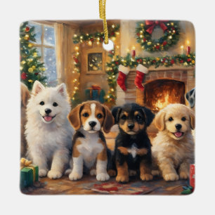 Adorno De Cerámica Cachorros de Navidad junto a la chimenea y árbol d