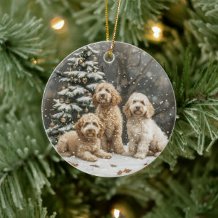 Adorno De Cerámica Cachorros Goldendoodle de Navidad