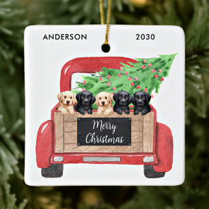 Adorno De Cerámica Cachorros Labrador Perros Vintage Camión Rojo Navi