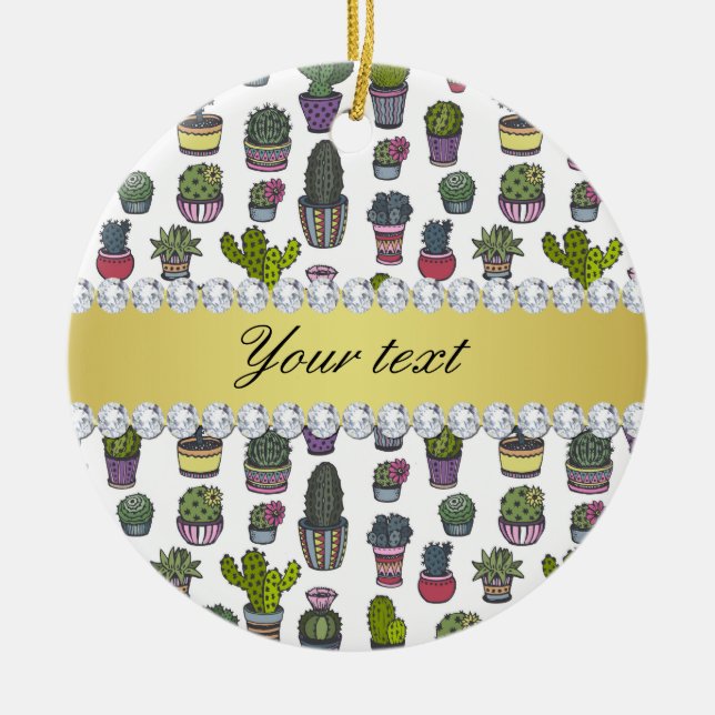 Adorno De Cerámica Cactus Faux Gold Bling Diamonds (Frente)