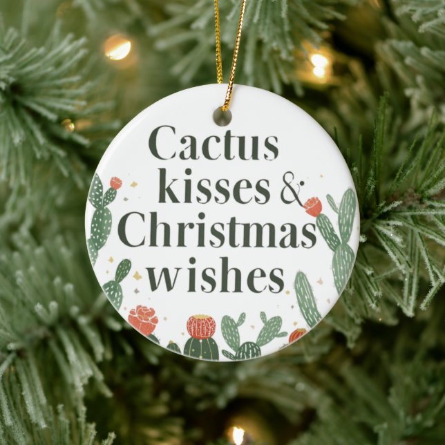 Adorno De Cerámica Cactus Kisses & Christmas Wishes – A Double-Sided  (Árbol)