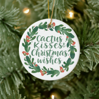 Adorno De Cerámica Cactus Kisses & Christmas Wishes – A Double-Sided