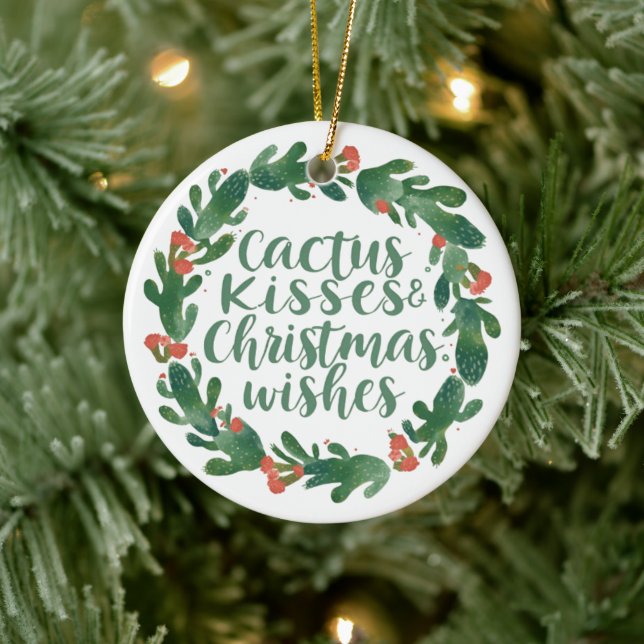 Adorno De Cerámica Cactus Kisses & Christmas Wishes – A Double-Sided  (Árbol)