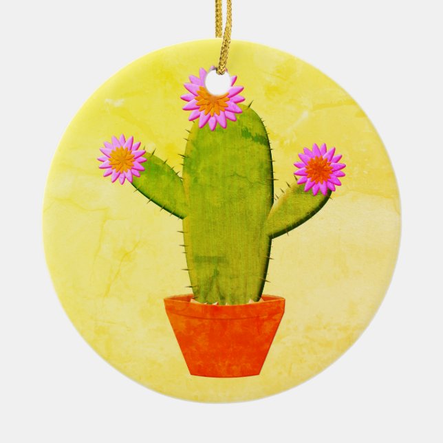 Adorno De Cerámica Cactus Personalizado Con Navidades De Flores Rosa (Frente)