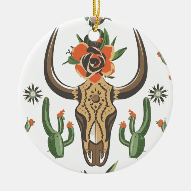 Adorno De Cerámica Cactus Western Country Aztec Bull Skull (Frente)