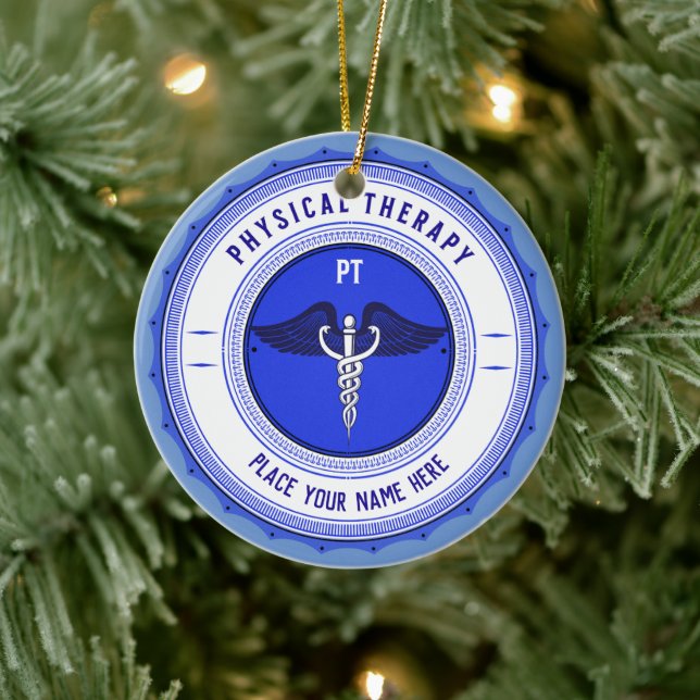 Adorno De Cerámica Caduceus de Terapia Física Azul Personalizada (Árbol)