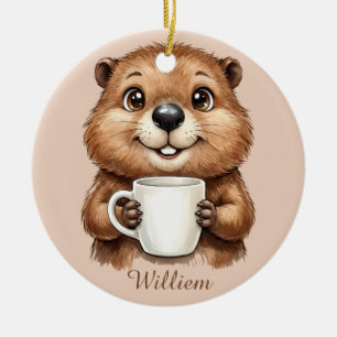 Adorno De Cerámica Café acogedor personalizado de castor en bosque ma