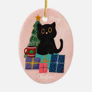 Adorno De Cerámica Café Gato Negro Mono Rosa Festivo Navideño