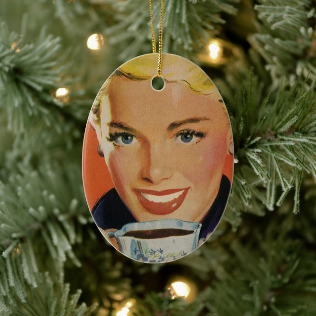 Adorno De Cerámica Café Vintage, mujer feliz con café retro (Árbol)