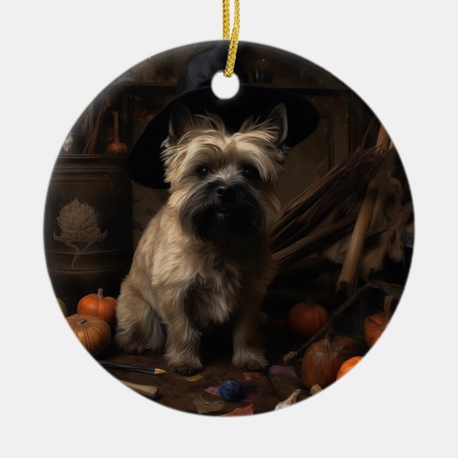 Adorno De Cerámica Cairn Terrier arroja calabazas de Halloween Scary (Frente)