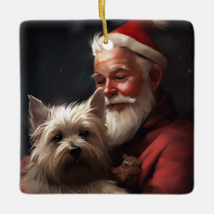 Adorno De Cerámica Cairn Terrier con Santa Claus Festivo de Navidad