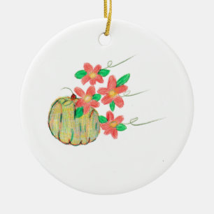 Adorno De Cerámica Calabaza con flores rojas