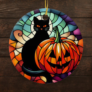 Adorno De Cerámica Calabaza de gato negro de vidrio manchado de Hallo