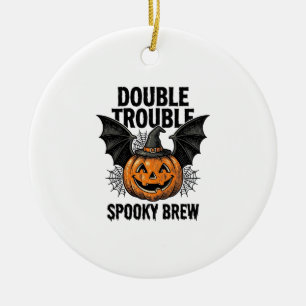 Adorno De Cerámica Calabaza de Halloween Bruja Doble Problema Diseño