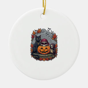 Adorno De Cerámica Calabaza de Halloween Gato Cráneo Segador Otoño Ho