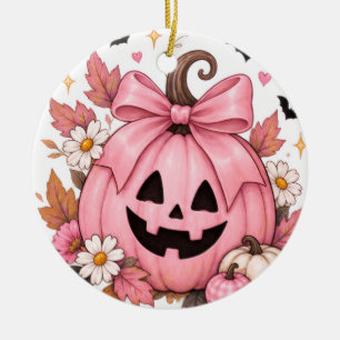 Adorno De Cerámica Calabaza de lazo rosa Coquette Halloween