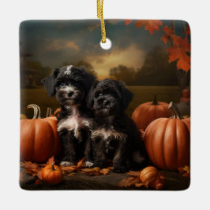 Adorno De Cerámica Calabaza de luz de otoño de yorkipoo cachorro