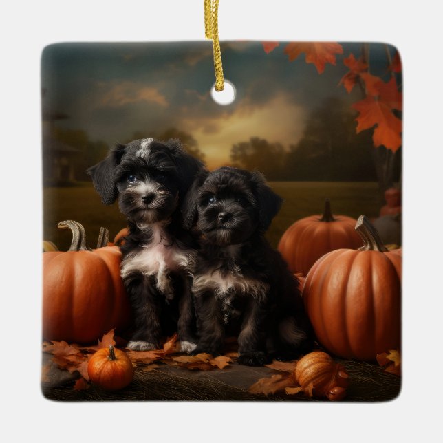 Adorno De Cerámica Calabaza de luz de otoño de yorkipoo cachorro (Anverso)