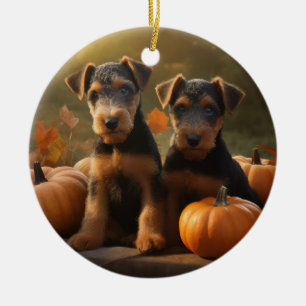 Adorno De Cerámica Calabaza deslumbrante Airedale Puppy Autumn