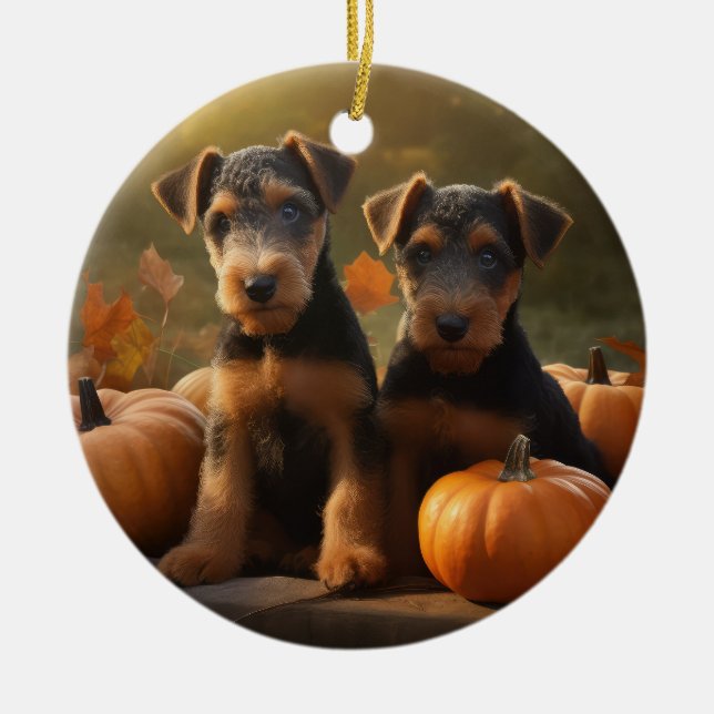 Adorno De Cerámica Calabaza deslumbrante Airedale Puppy Autumn (Frente)