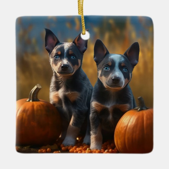 Adorno De Cerámica Calabaza deslumbrante azul heeler pipa otoño (Anverso)