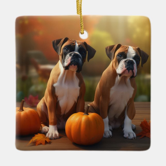Adorno De Cerámica Calabaza deslumbrante Boxer Puppy Autumn (Anverso)