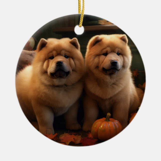 Adorno De Cerámica Calabaza deslumbrante Chow Chow Puppy Autumn (Frente)
