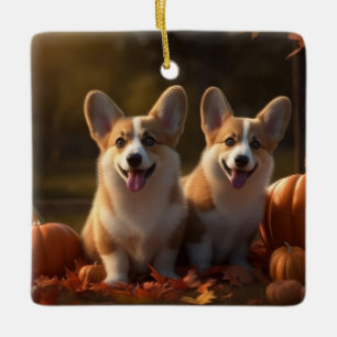 Adorno De Cerámica Calabaza deslumbrante Corgi Puppy Autumn