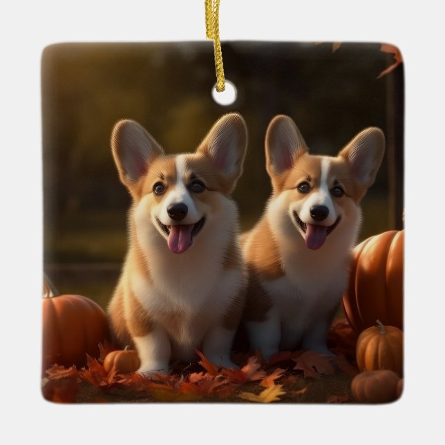 Adorno De Cerámica Calabaza deslumbrante Corgi Puppy Autumn (Anverso)
